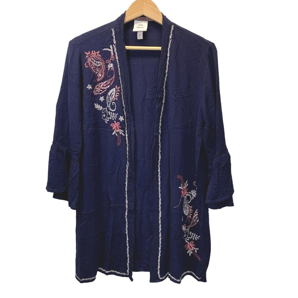 Knox Rose Cardigan Womens M Blue Floral Paisley Embroidered Bell Sleeves Kimono